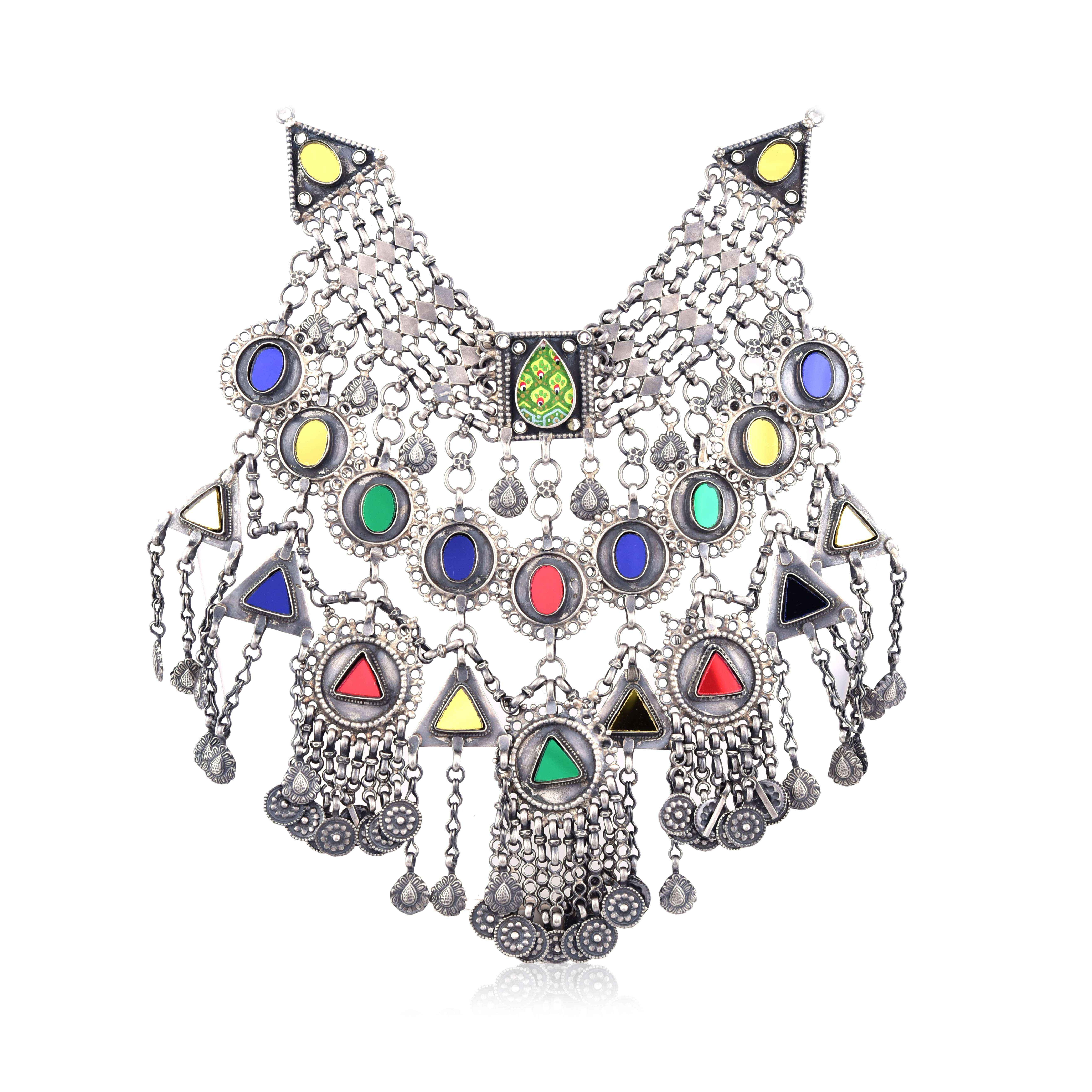 Silver antique multi glass stone necklace :SKU5864